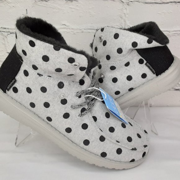 HEY DUDE 'BRITT' FUR LINING SNAP & FOLD CUFF TWO LOOKS IN ONE SHOE BL. POLKA-DOT - Picture 3 of 16